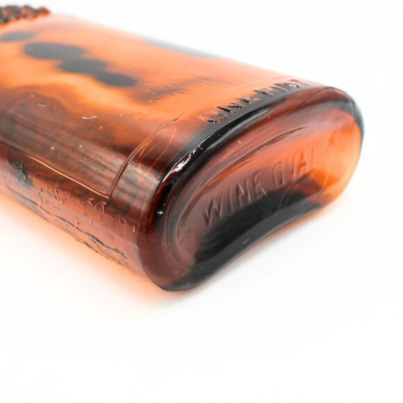 Antique One Pint Brown Wine Oval Glass Bottle Metal Cap Embossed Grape Design - Picture 6 of 6